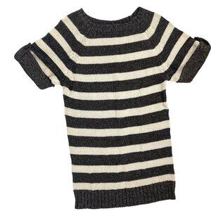 Ann Taylor XS Preppy Chic Striped Metallic Knit Shimmer Sweater Top Black Cream